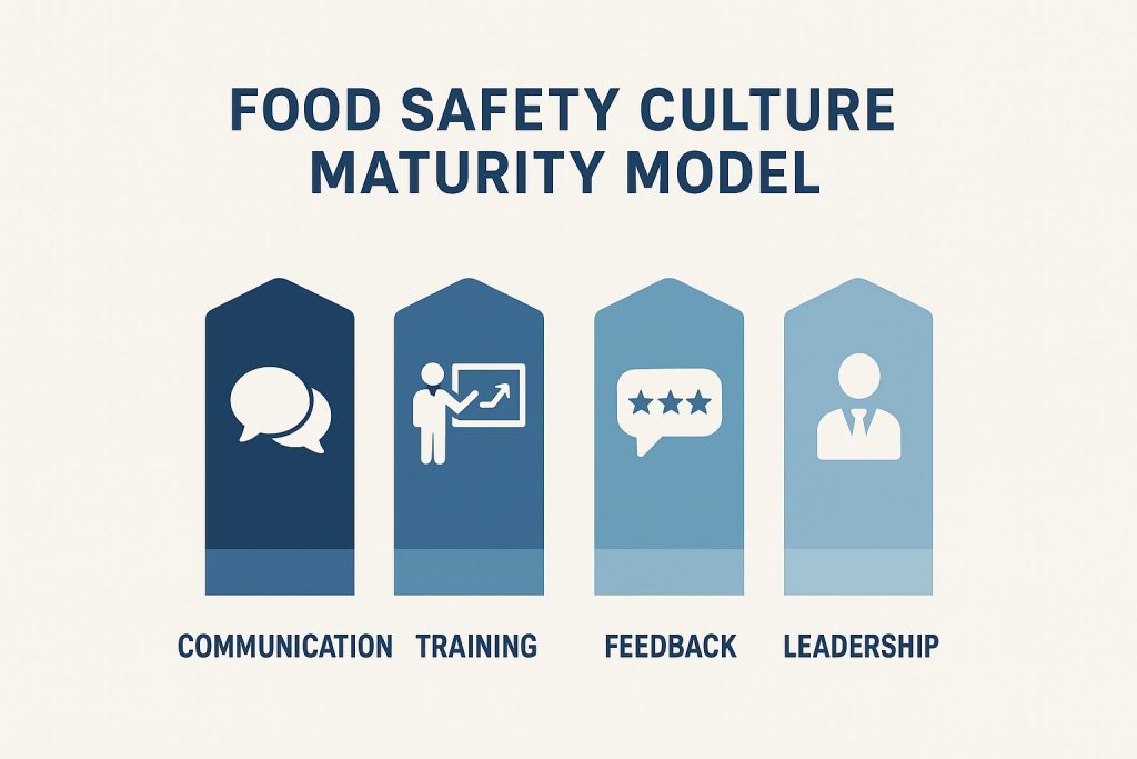 Food Safety Culture Maturity Model showing the four pillars: Communication, Training, Feedback, and Leadership